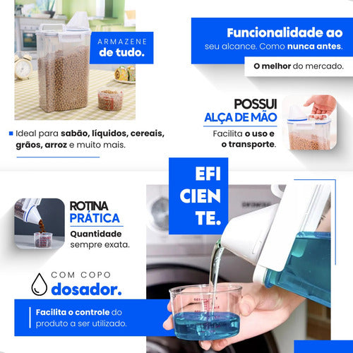 2 Potes Porta Sabão Pó Liquido Amaciante Dispenser Hermético