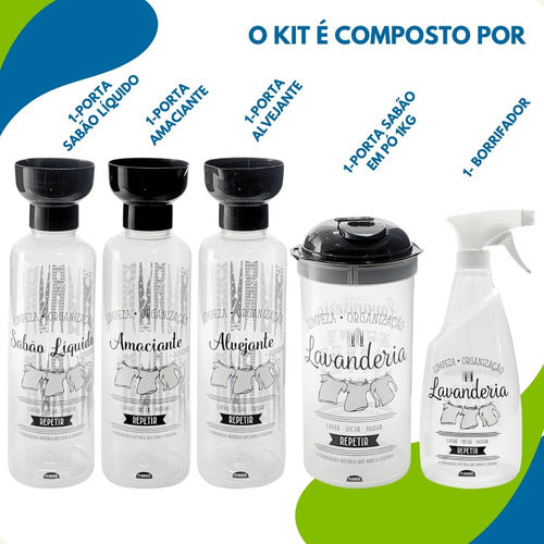 Kit Lavanderia 5p Porta Sabão Amaciante Alvejante Borrifador