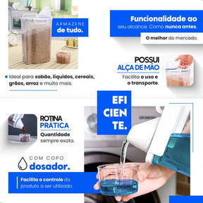 2 Potes Porta Sabão Pó Liquido Amaciante Dispenser Hermético